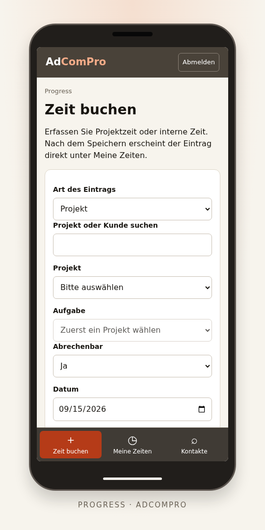 Mobile Zeiterfassung von AdComPro auf einem Smartphone in der Progress-Umgebung