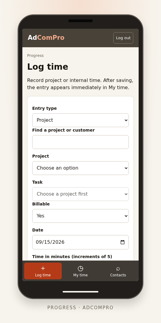 AdComPro mobile time entry on a phone in the Progress workspace