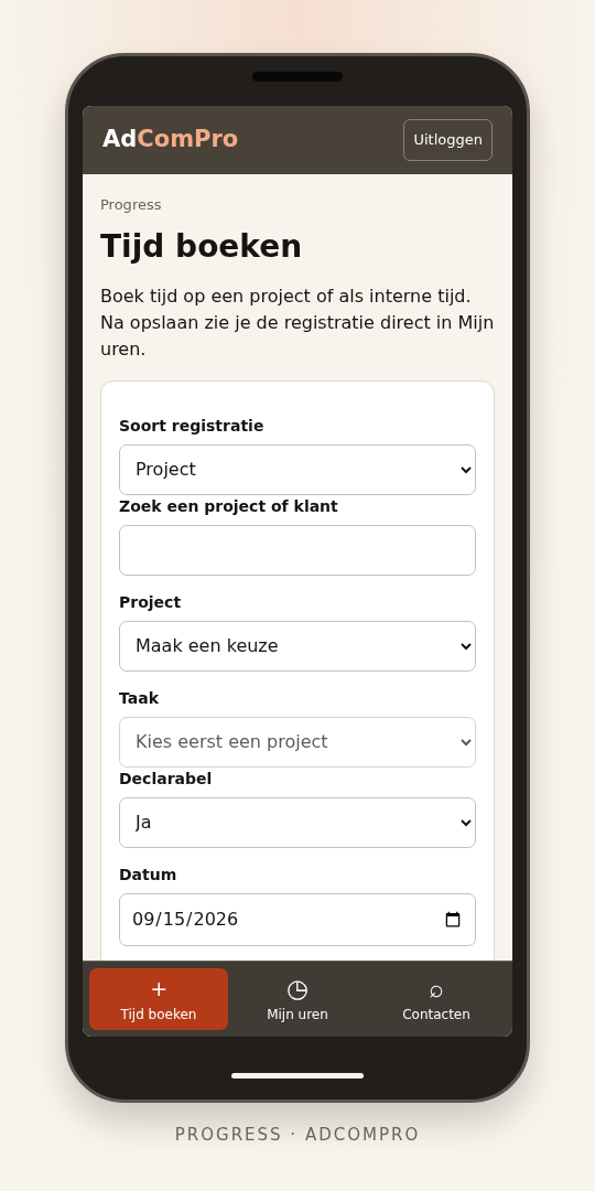AdComPro mobiele urenregistratie op een telefoon in de omgeving van Progress